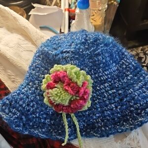 Handmade Blue Hat with Pink and Green Flower